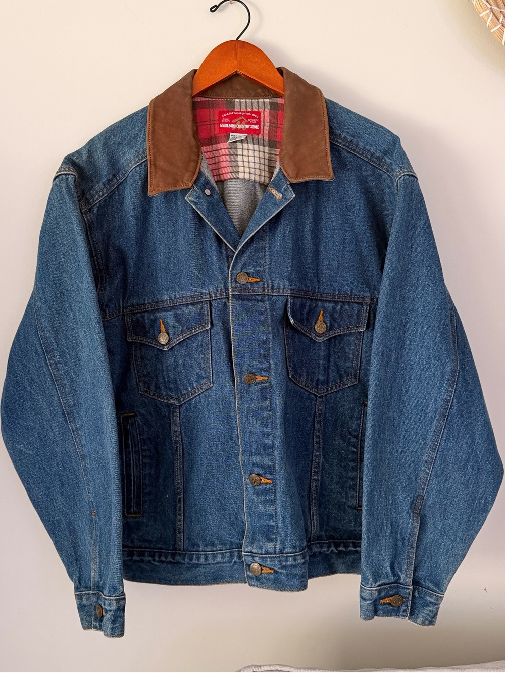 Vintage Marlboro Country Store Denim Jacket Leather Collar Plaid Lined - Large